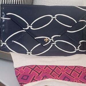 Blue & White Tory Burch Envelope Clutch w/8 card slots